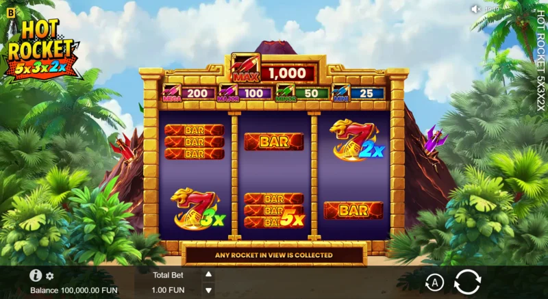 Hot Rocket 5x 3x 2x - base spin with overlay multipliers on the reels